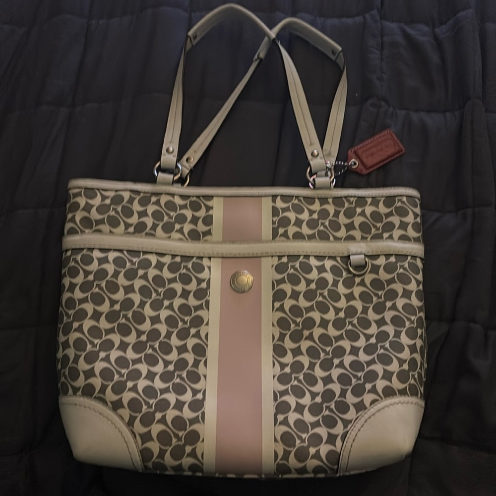 Gray and White Coach Shoulder Bag